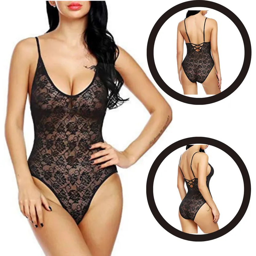 Women Sexy Lingerie Bodysuit Babydoll Solid Color Sheer