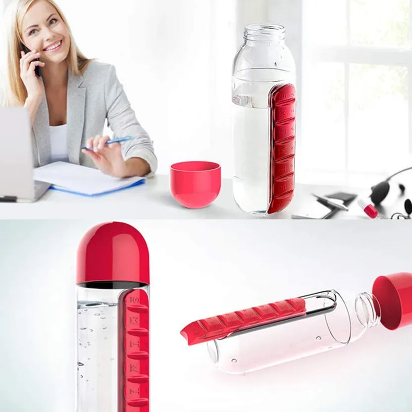 Daily Pill Box Organizer with Water Bottle, 600ML 2 in 1 Daily