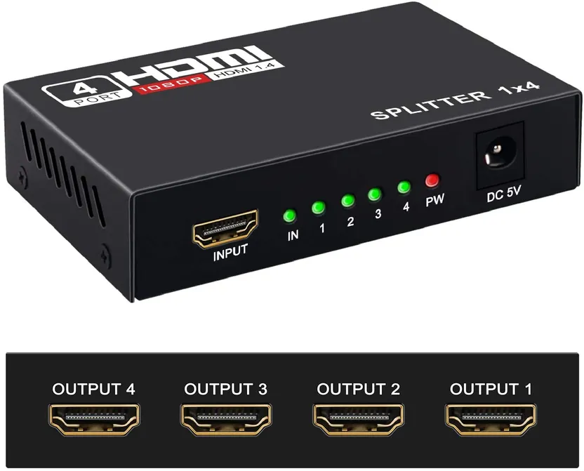 HDMI Splitter 1 in 4 Out Female,1x4 Hdmi Splitter Display Multiple  Duplicate/Mirror Screen,Powered AC Adapter Included,Supports Ultra HD 1080P  4K/2K