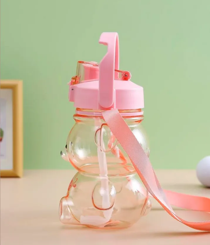 Convenient & Portable Cute Water Bottle With Transparent Straw And Bear  Shaped Cap