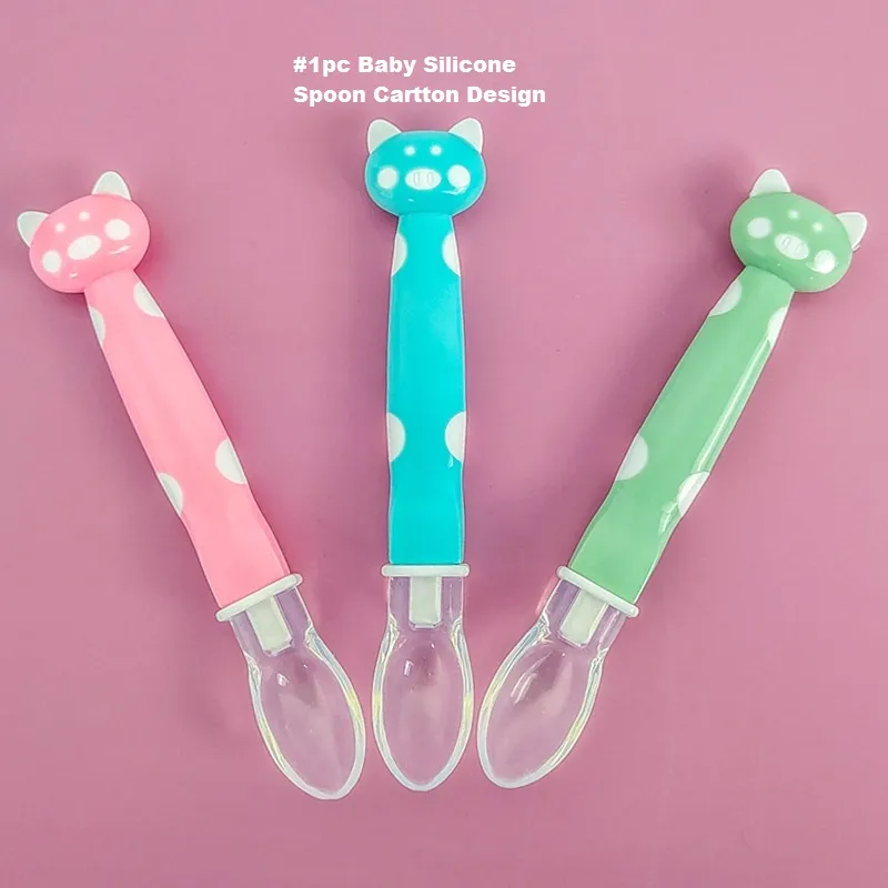 Soft Silicone Tip Spoon Baby Feeding Spoon Cartoon Pig Baby Spoon