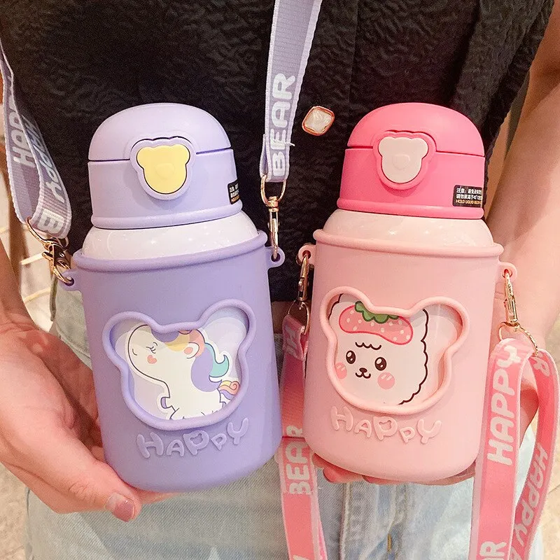 550ml 1 Cup With 2 Covers Children's Thermos Children's Portable Cute  Cartoon 316 Stainless Steel Water Bottle With Straw Children's School Water  Cup