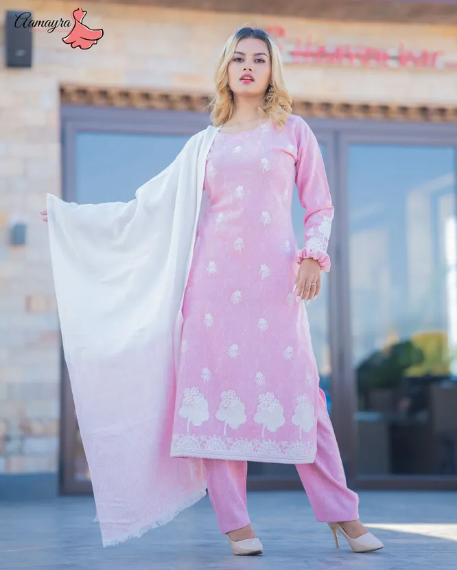 Pink Woolen Abstract Printed Outer Design Kurti With Woolen Leggings For  Women