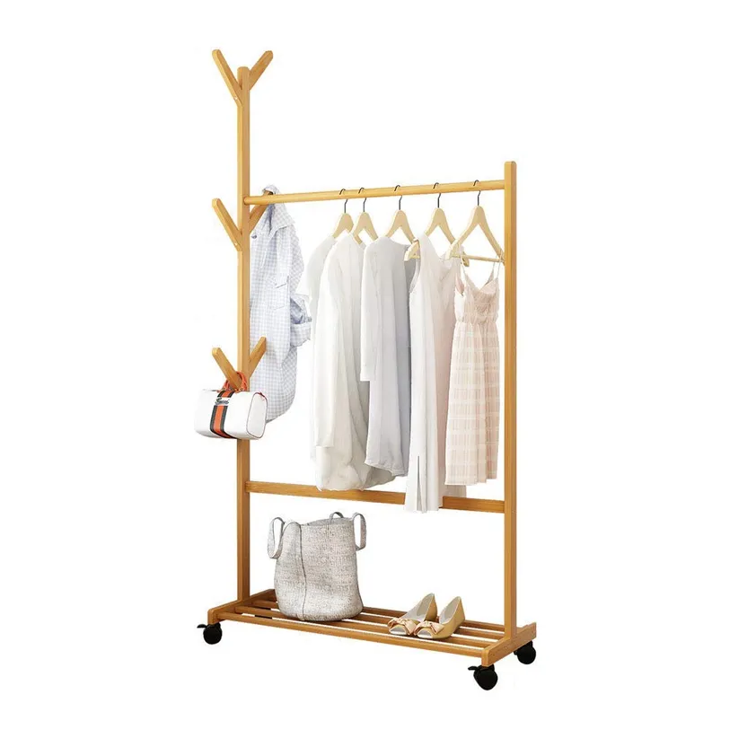 Single Rail Bamboo Garment Rack with 6 Side Hook Tree Stand Coat Hanger and  Four Stable Leveling Feet for Jacket, Umbrella, Clothes, Hats, Scarf, and