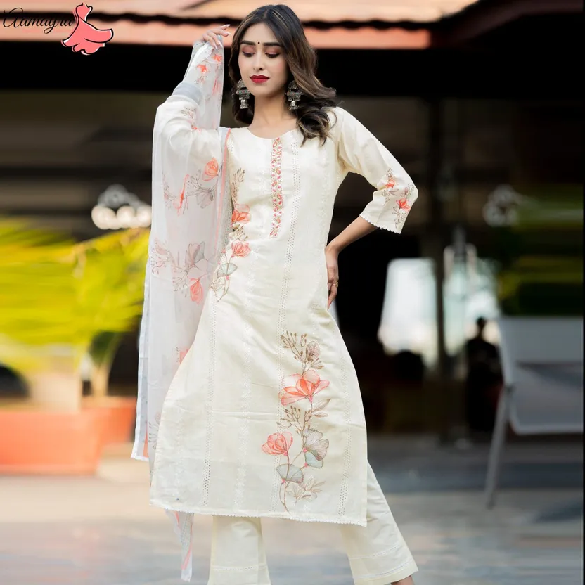 Cream Straight Kurti With Pant And Shawl Set For Women From