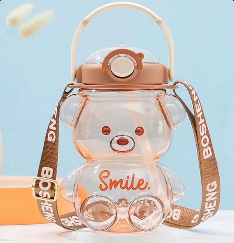 Convenient & Portable Cute Water Bottle With Transparent Straw And Bear  Shaped Cap