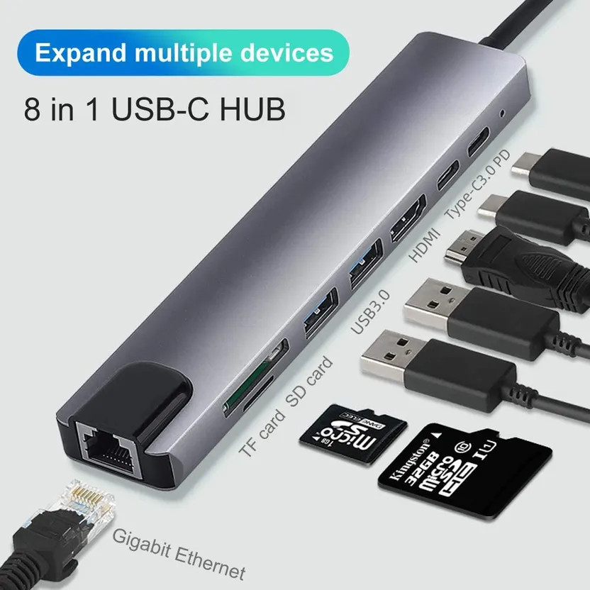 Adaptateur USB C 8 en 1 - HDMI, USB -A /USB-C/ SD/TF 4K PD