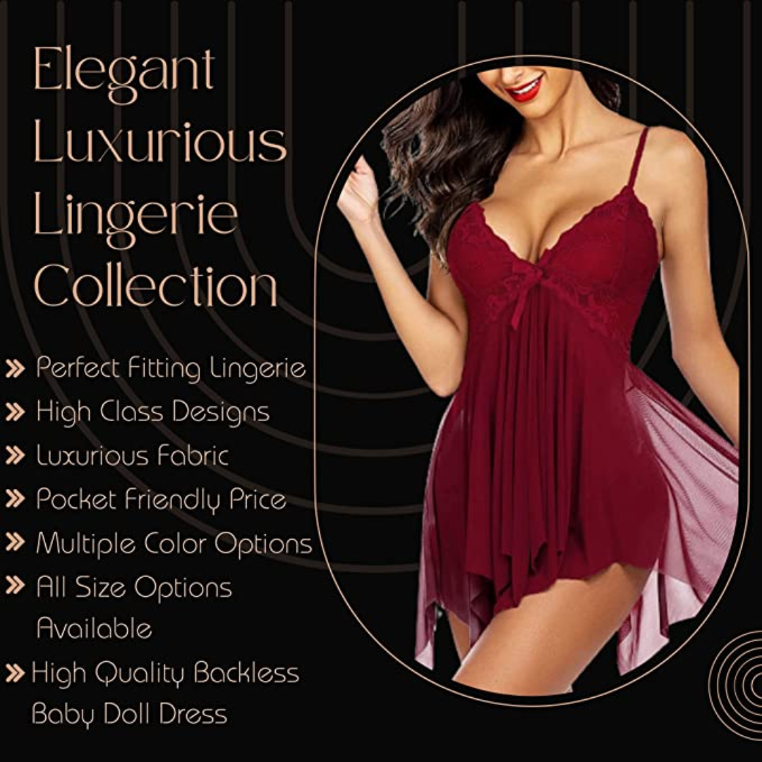 Asymmetrical Maroon Satin Bridal Sexy Babydoll Dress Nightwear at